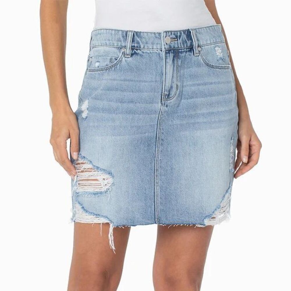 LIVERPOOL Women's 4/27 Evanston Distressed Denim Jean Mini‎ Skirt Blue EUC